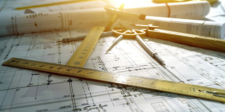 An engineer's blueprints: A drafting table with engineering drawings, rulers, and protractors, depicting the precision work of an engineer.