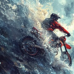 A dirt bike rider is jumping through a snowy forest.