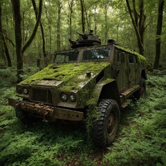 Fototapeta premium Military vehicle finds its rest in dense forest, with moss, foliage partially claiming its surface. Resembling armored personnel carrier, vehicle bears turret on top.