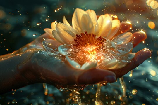A hand holding a glowing flower. Water is gently flowing over the flower and fingers.