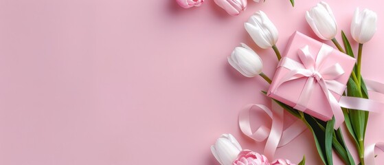 White tulips and a gift box on a pink background. pink tulips on a white background Mother's Day concept. Top view photo of bouquet of white and pink tulips on isolated pastel pink background 