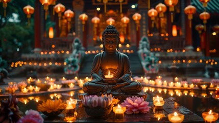 Fototapeta premium religious celebration, devotees at a serene buddhist temple decorated with colorful lanterns and flowers pray and light candles, creating a peaceful and spiritual vesak day ambiance