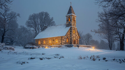 Winter wonderland scene with snow-covered ancient stone church and illuminated windows