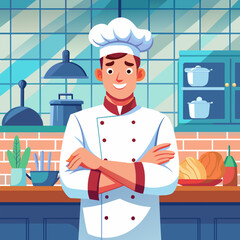 Confident owner and skilled male chef standing in his commercial kitchen with folded arms, exuding pride and happiness. 
