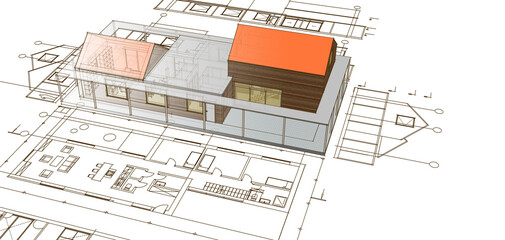 house architectural project sketch 3d illustration	
