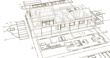 house architectural project sketch 3d illustration	

