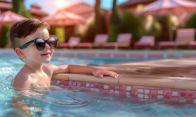 A young boy with sunglasses enjoys a sunny day at the pool, leaning on the edge with a cheerful smile. The poolside area is vibrant with sun loungers and parasols, creating a summer vibe.