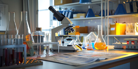 A scientist's laboratory: A lab bench with beakers, microscopes, and test tubes, surrounded by...