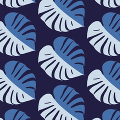 Repeating pattern with monstera leaves on a blue background