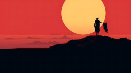 Romantic Sunset with Couple Silhouetted on Hill