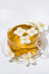 cup of fresh fragrant green tea with jasmine on white background, vertical