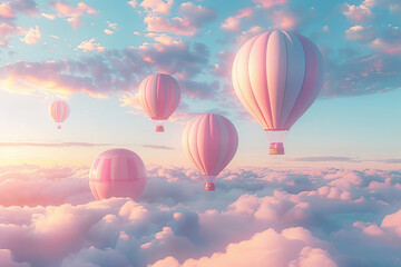 Obraz premium Dreamy pastel-colored hot air balloons floating above the clouds at sunset