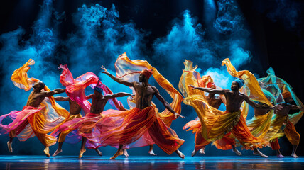 Vibrant dance troupe performing an expressive contemporary routine on stage