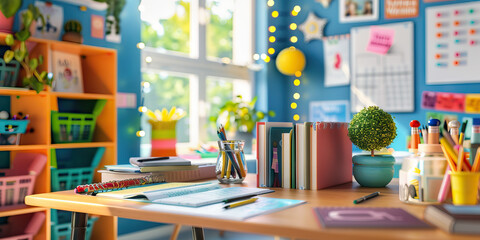 A teacher's haven: A cozy desk in a classroom setting, filled with books, lesson plans, and colorful decorations, portraying the nurturing side of teaching