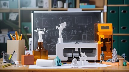 A creative workspace with a 3D printer, models, and sketches, with a blank chalkboard in the background for text,