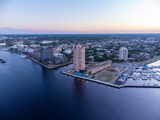 Portsmouth Virginia, USA. Aerial sunset waterfront photo.
