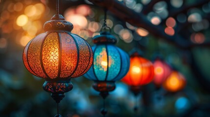 bright lanterns hanging outdoors, ideal for vesak day celebrations, with room for text