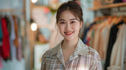 Fashion industry, asian woman and designer portrait of aclothing tailor with business vision. Smile, startup and small business entrepreneur with happiness and business growth feeling working success.