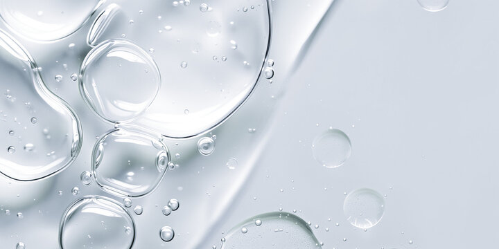 Close up of a Clear liquid cosmetic product for skin. Gel texture with bubbles