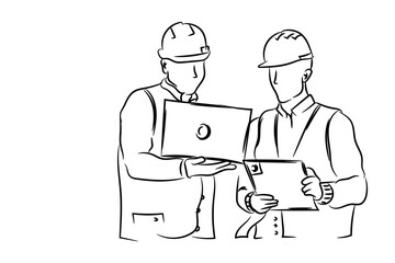 Two engineers constraction working together with tools, hand drawn line drawing vector illustration