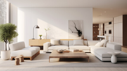 Fototapeta premium Open space luxury modern living room with kitchen and white furniture