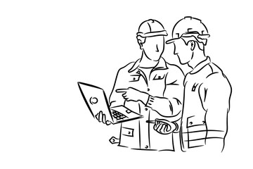 Two engineers constraction working together with tools, hand drawn line drawing vector illustration