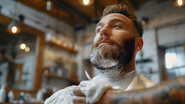 Man getting a beard trim with shaving cream