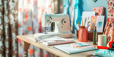 Fashion Forward: A chic desk with a sewing machine, sketchbook, and fabric swatches, showcasing the design process of a fashion designer creating trendsetting outfits