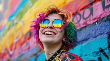 Vibrant Smiles: Person with Rainbow Hair and Sunglasses Posing in Front of Colorful Mural