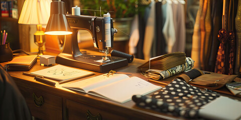 Fashion Forward: A chic desk with a sewing machine, sketchbook, and fabric swatches, showcasing the design process of a fashion designer creating trendsetting outfits