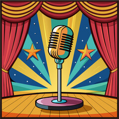 Retro style microphone on a stage with comic background. . Microphone