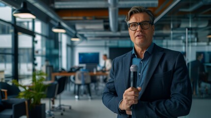 Fototapeta premium A businessman in a suit gestures expressively while speaking outdoors near modern office buildings.