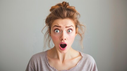 Surprised woman with wide eyes and open mouth, messy bun, light background.