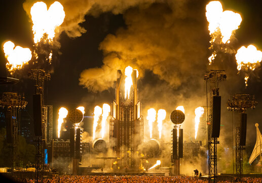 21.08.2022 Montreal, Canada. Rammstein concert in Montreal, Quebec. Amazing fire show from the German metal band. Scenic shot with selective focus and different effects. Rammstein live in Montreal 