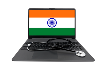 Laptop with India flag on screen and medical stethoscope on transparent background. Indian healthcare system concept