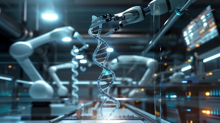 A futuristic lab setting with a DNA helix being manipulated by robotic arms, under bright, focused lights and digital displays,