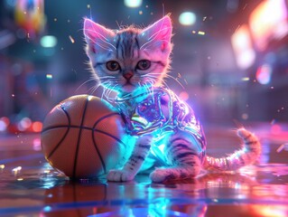 Kitten in Holographic Basketball Outfit