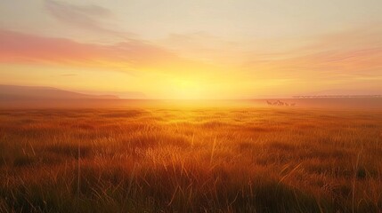 Fototapeta premium Stunning golden sunset over a tranquil grassy field, capturing the serene beauty of nature with warm hues and a peaceful horizon.