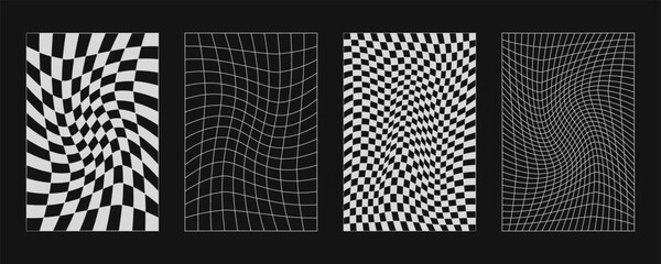 Abstract wireframes, cyberpunk elements and perspective white grids or spheres. Surreal geometric retro futuristic set. Psychedelic y2k shapes. Rave vector elements and signs in trendy psychedelic.