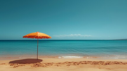 paradise beach getaway, endless golden shores under the sun, with a single umbrella providing shade, the ultimate escape for a tropical holiday