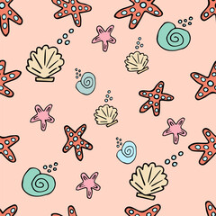 seamless pattern with shells and starfish on a pink background, vector.