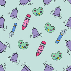 seamless pattern with a bell, a pencil, and a palette of paints, on a light background, vector.