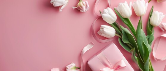 White tulips and a gift on a pink background. pink tulips on a white background Mother's Day concept. Top view photo of bouquet of white and pink tulips on isolated pastel pinkbackground with copy