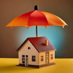 House figure under umbrella, property safety and insurance concept on isolated blue background with space for copy