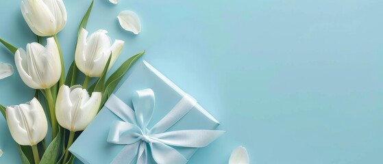 White tulips and a gift on a blue background.
