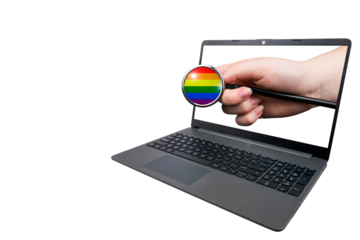 A hand with a medical stethoscope with a head in the form of a rainbow flag (LGBT) sticks out from a laptop on a transparent background. LGBT healthcare