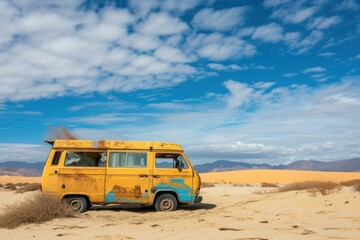 Old, rusty van parked on a sandy desert, with dunes and blue sky in the background