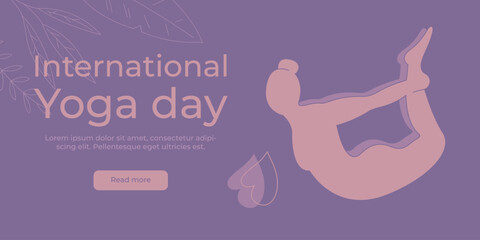 Banner template for International Yoga Day with a girl silhouette. Pastel vector illustration.