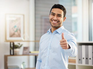 Thumbs up, office and portrait of business man for success, agreement and achievement....