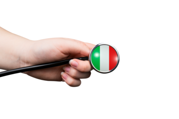 The head of a medical stethoscope in the form of the Italian flag in a hand (close-up) on a transparent background. Italian healthcare system concept